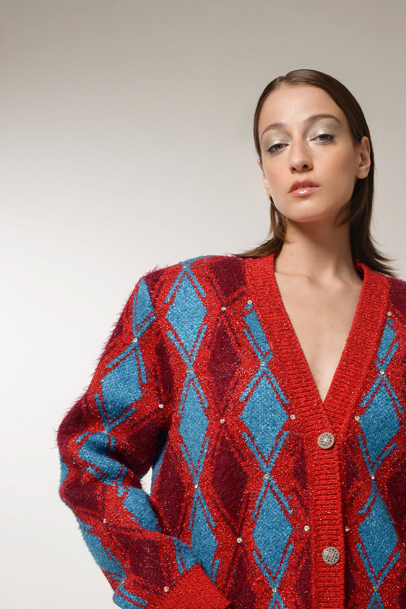 Lalo red and blue checked wool cardigan with button closure, cozy and stylish for casual wear
