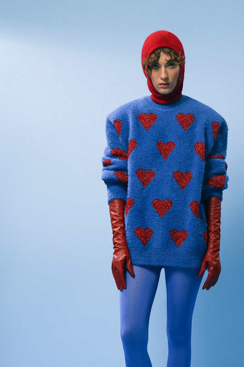 Lalo blue hearts wool cardigan featuring a cozy knit design and button closure, perfect for casual or layered outfits.