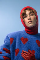 Lalo blue wool cardigan with heart pattern, cozy knit sweater for women, featuring a button-front design and ribbed cuffs.