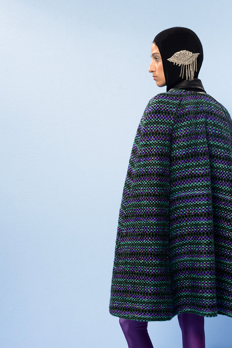Lalo COOL BLUE wool cape coat displayed on a hanger, featuring a stylish and warm design suitable for cold weather.