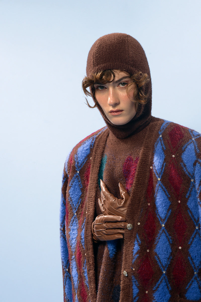 Lalo brown and blue checked wool cardigan with button closure, cozy and stylish for casual wear.