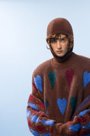 Lalo brown hearts wool sweater cardigan with a cozy knit texture and button closure, featuring a charming heart pattern.