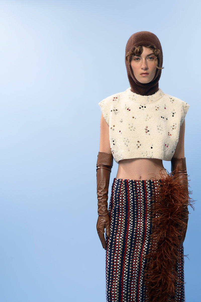 Lalo brown checked wool and feather midi skirt displayed with a stylish, textured fabric pattern and feather detailing.