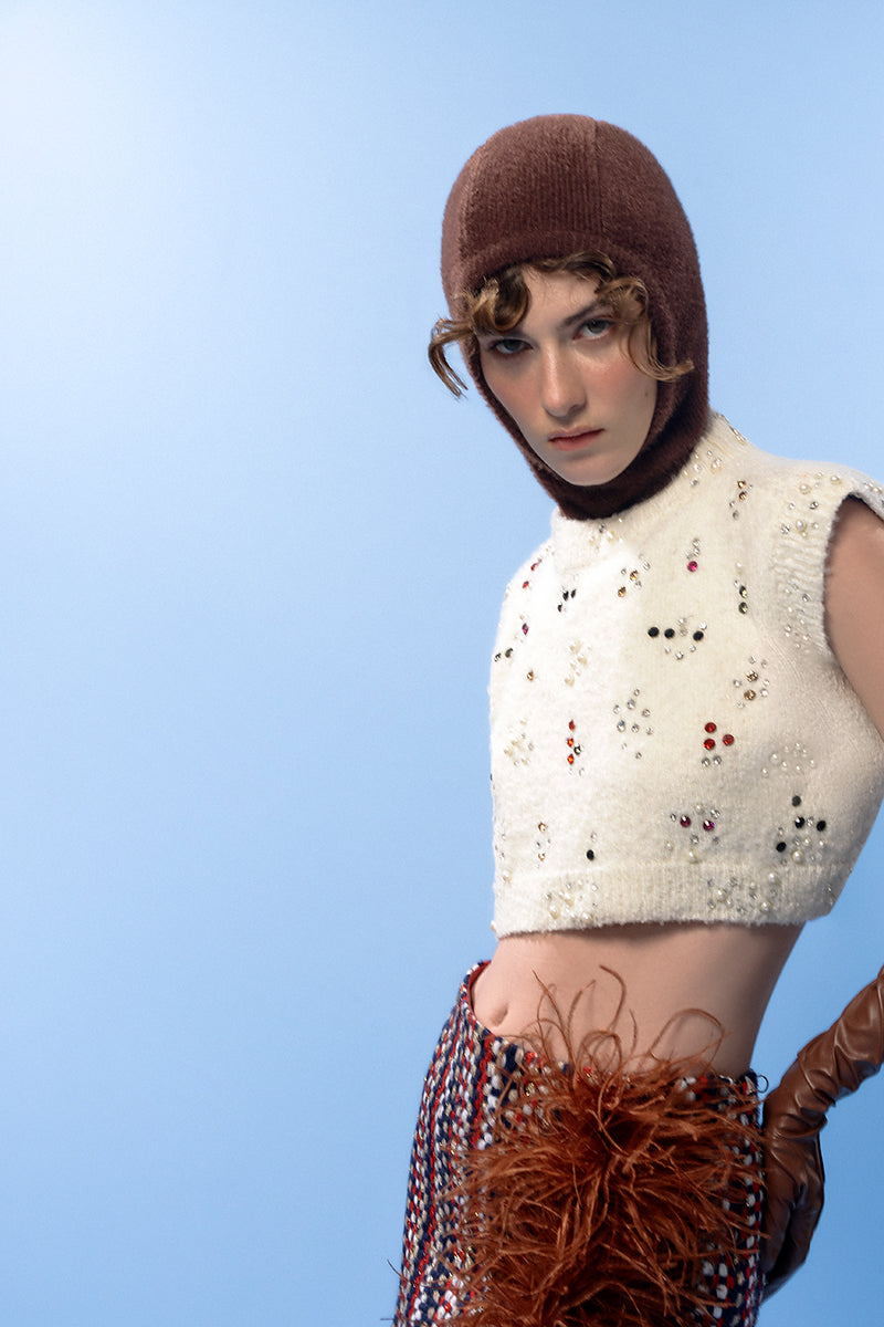 BROWN CHECKED WOOL AND FEATHER SKIRT - CULT MIA