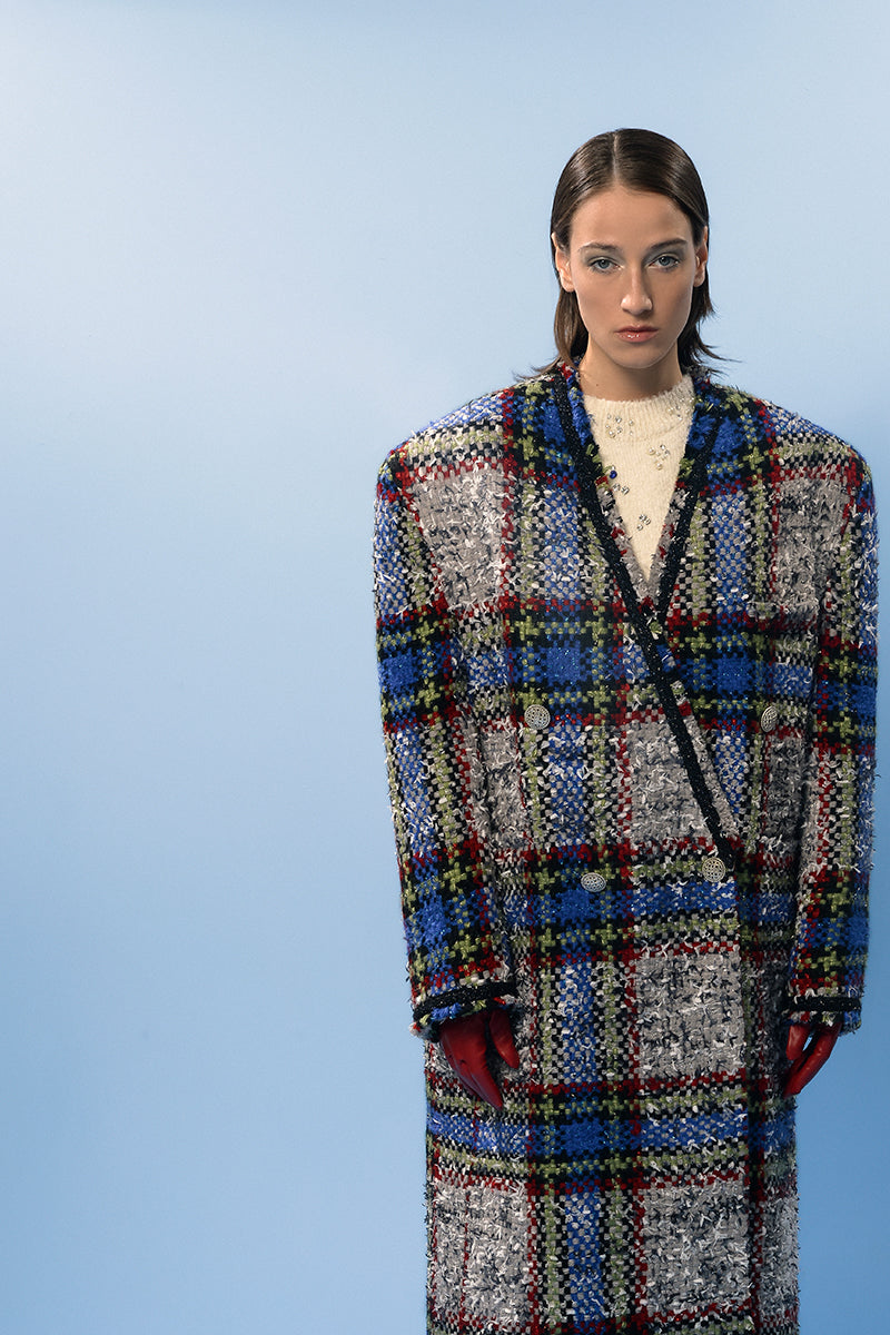 Beige and blue checked wool coat by Lalo, featuring a classic tailored design with button closures and side pockets.