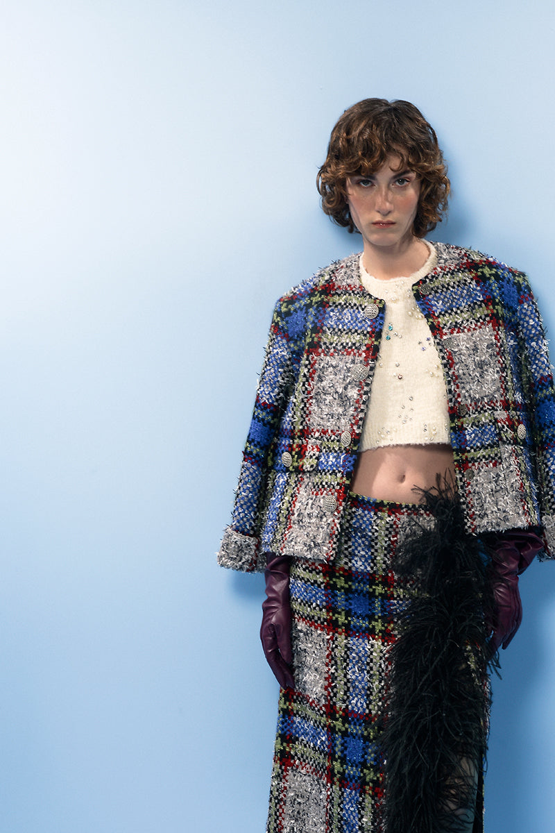 Lalo beige and blue checked wool jacket with collar and button closure, stylish and warm outerwear for cold weather.