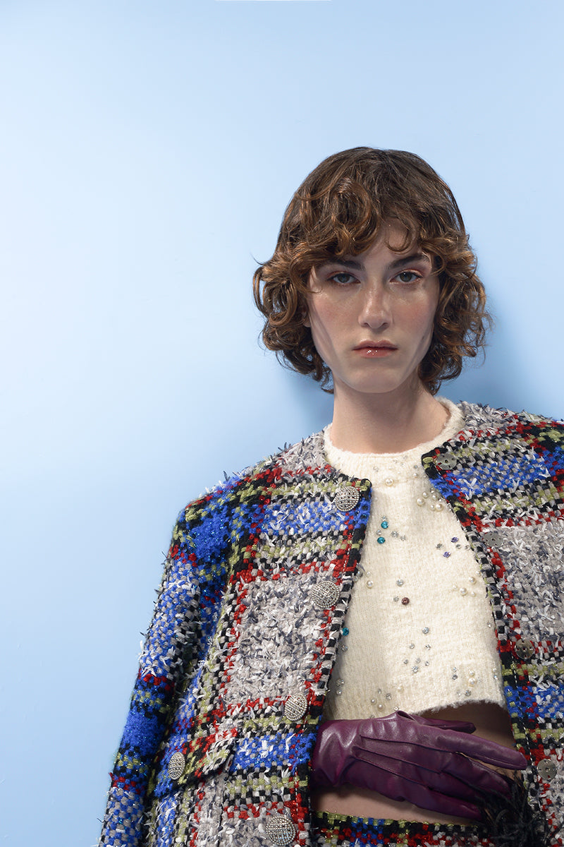 Lalo beige and blue checked wool jacket with collar and button closure, stylish and warm for cold weather.