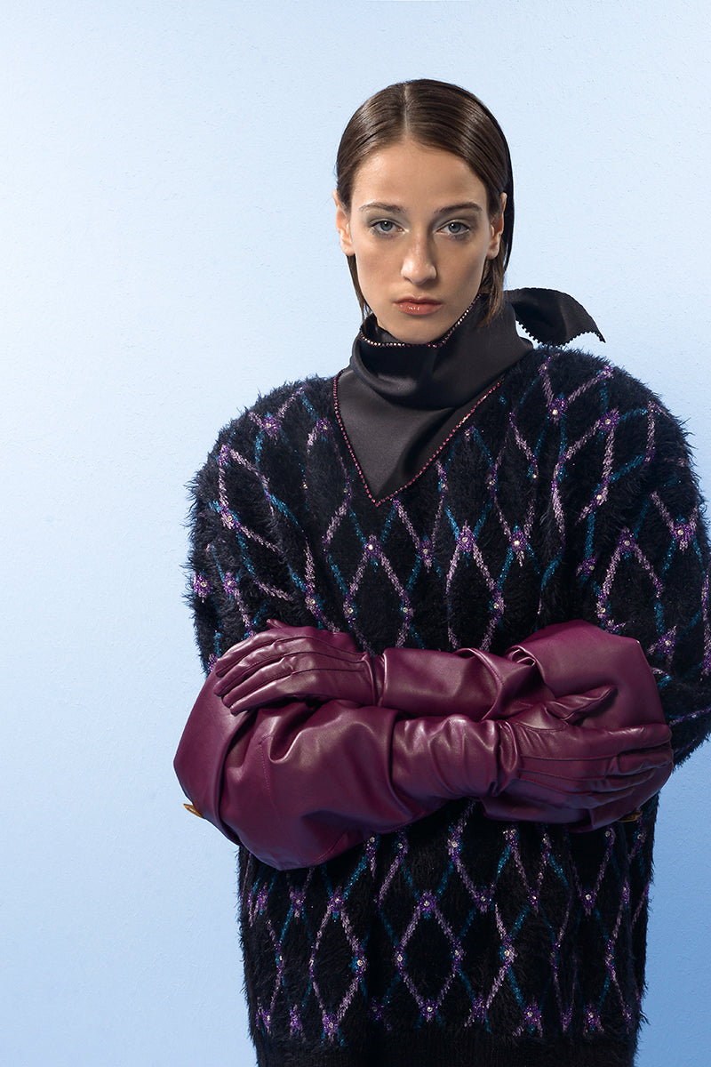 Navy wool sweater with geometric patterns from Lalo, featuring a cozy, stylish design perfect for cold weather.