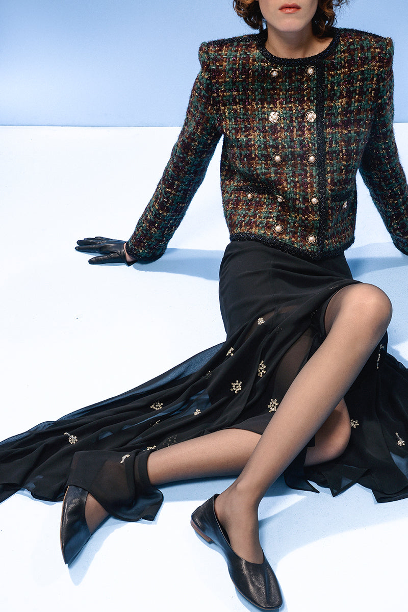 BLACK SHEER SILK LAYERED MAXI SKIRT - CULT MIA