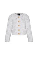 Lalo white cable knit wool sweater cardigan with a cozy, textured knit pattern and button closure, perfect for cold weather.