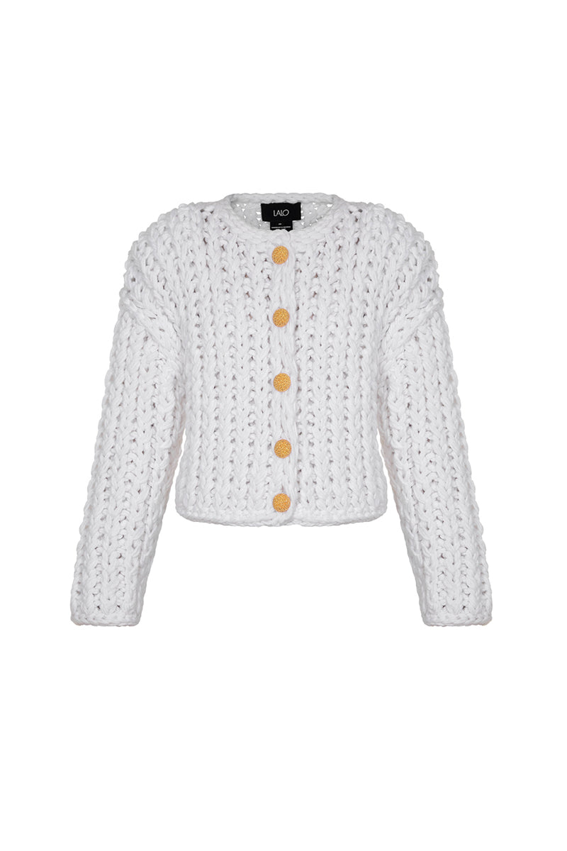 Lalo white cable knit wool sweater cardigan with a cozy, textured knit pattern and button closure, perfect for cold weather.