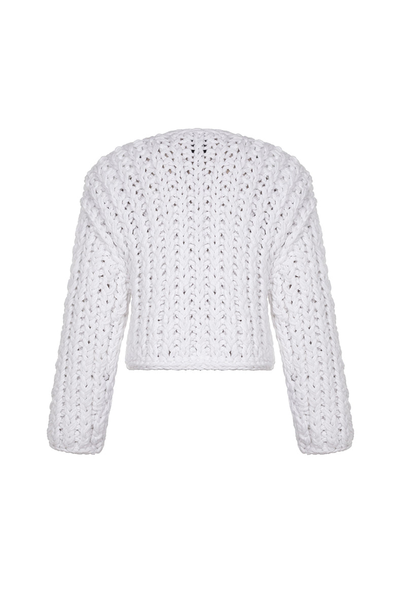 White cable knit wool sweater cardigan by Lalo, featuring a cozy textured knit and classic design.
