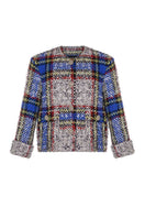 Lalo beige and blue checked wool jacket with classic collar and button closure, displayed on a hanger.