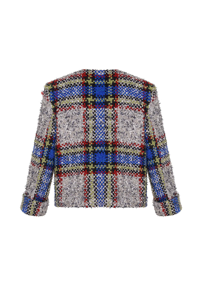 Lalo beige and blue checked wool jacket with a classic collar and button closure, styled for casual wear