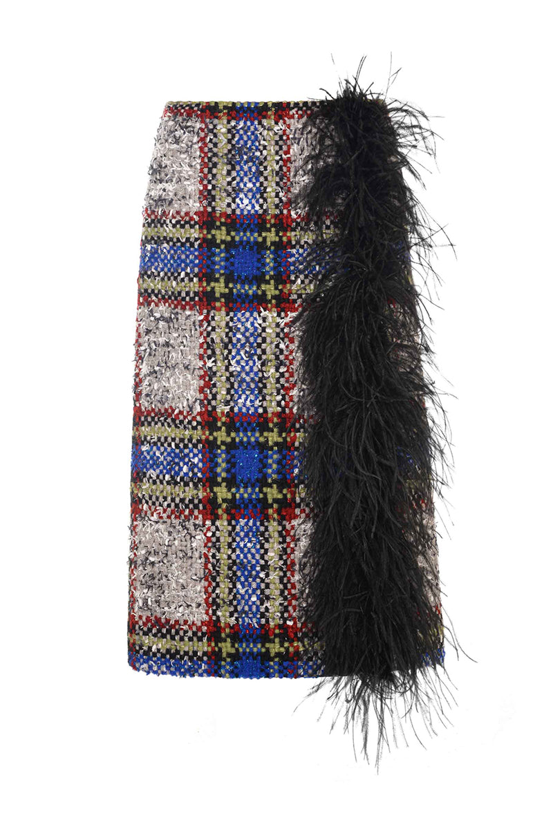 Beige and blue checked wool and feather midi skirt by Lalo, showcasing the pattern and fabric details.