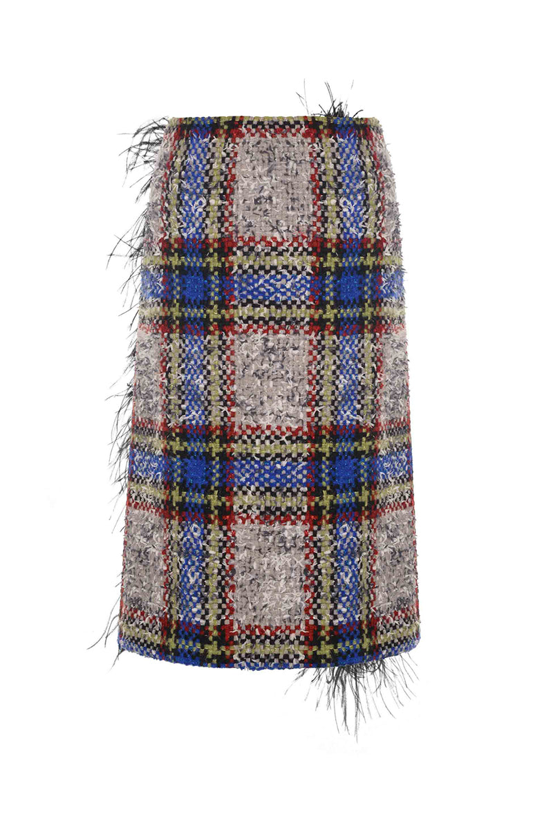 BEIGE AND BLUE CHECKED WOOL AND FEATHER SKIRT - CULT MIA