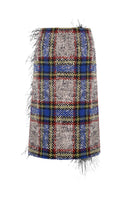 Lalo beige and blue checked wool and feather midi skirt displayed on a hanger with a blurred background