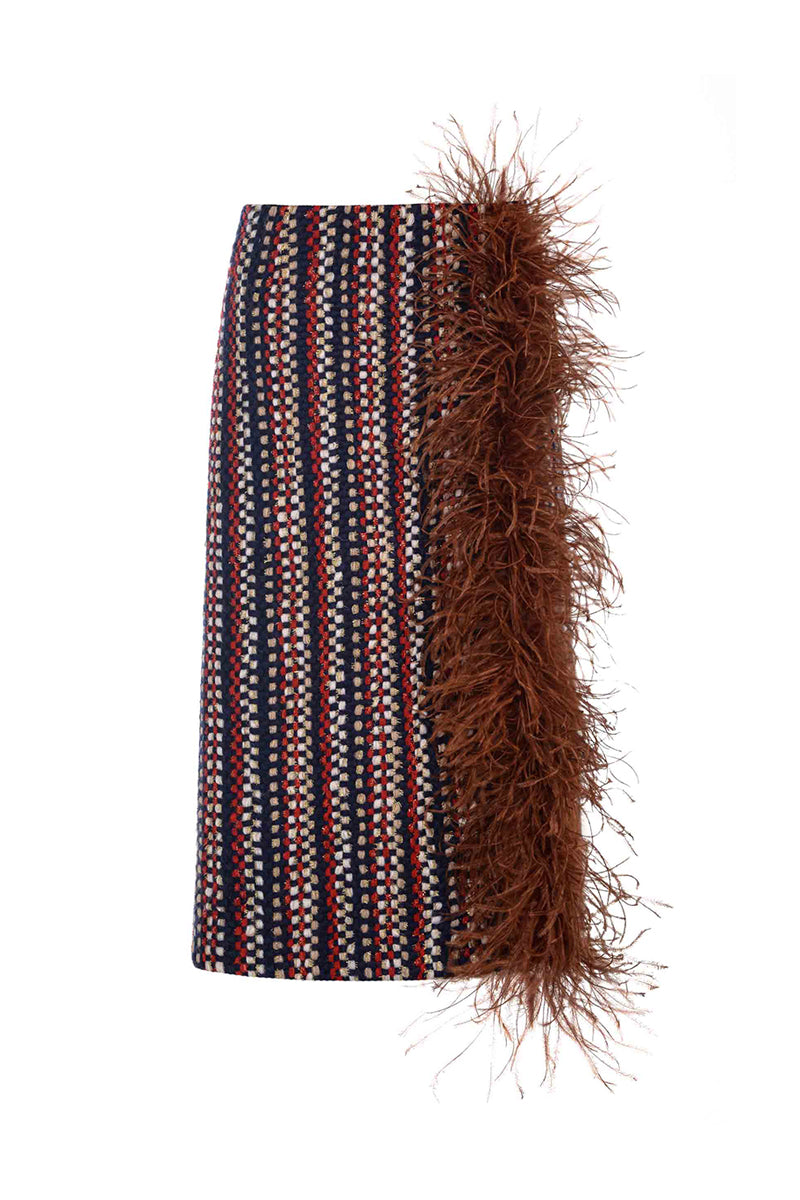 Brown checked wool and feather midi skirt by Lalo, featuring a stylish midi length with a textured fabric design.