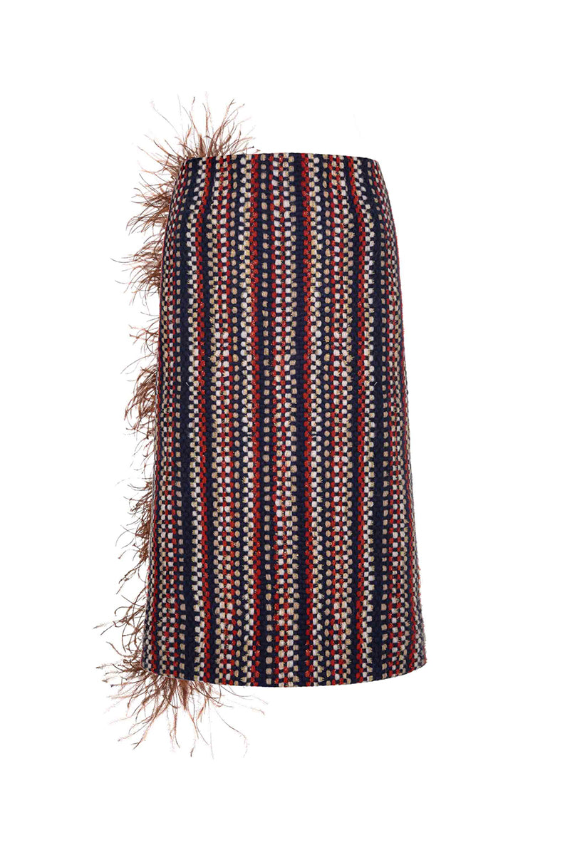 BROWN CHECKED WOOL AND FEATHER SKIRT - CULT MIA