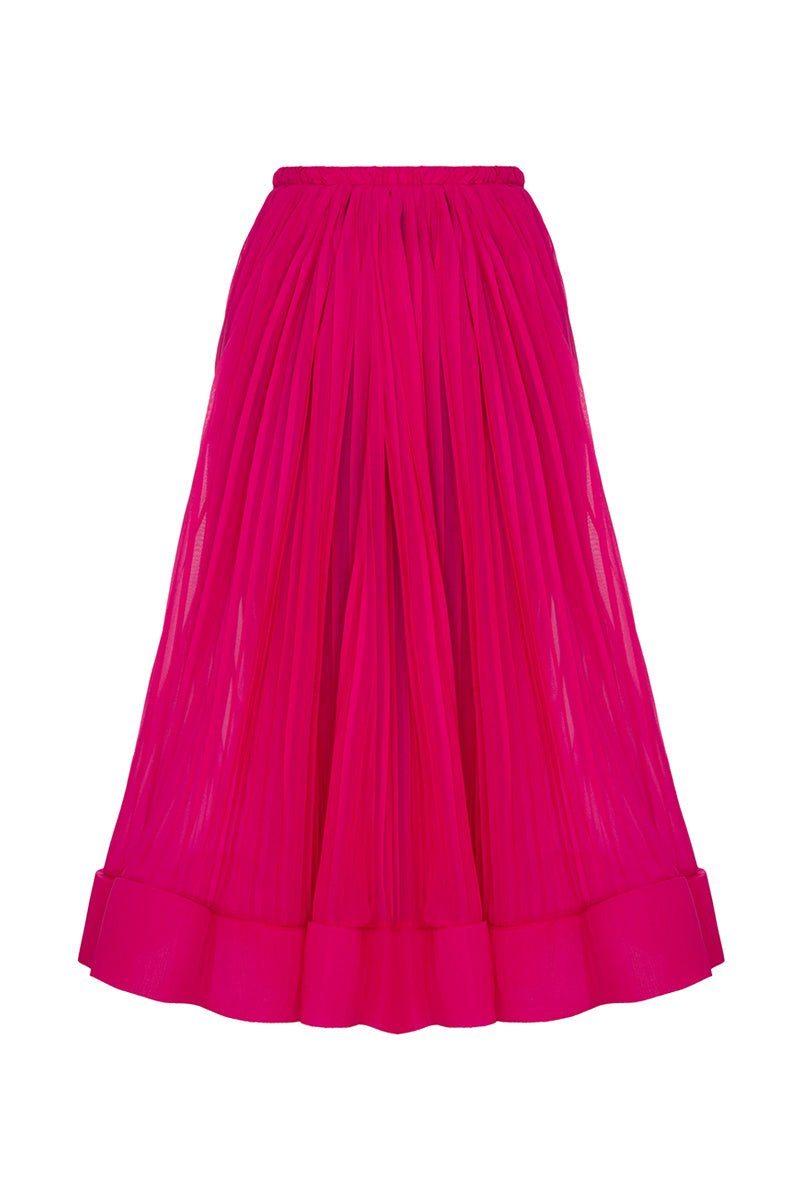 Fuchsia silk maxi skirt by Lalo, flowing length with smooth fabric, stylish and elegant for casual or formal wear.