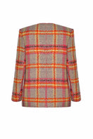 Lalo Mandarin Muse wool jacket featuring a tailored fit, with a vibrant orange color and classic collar, displayed on a hanger.