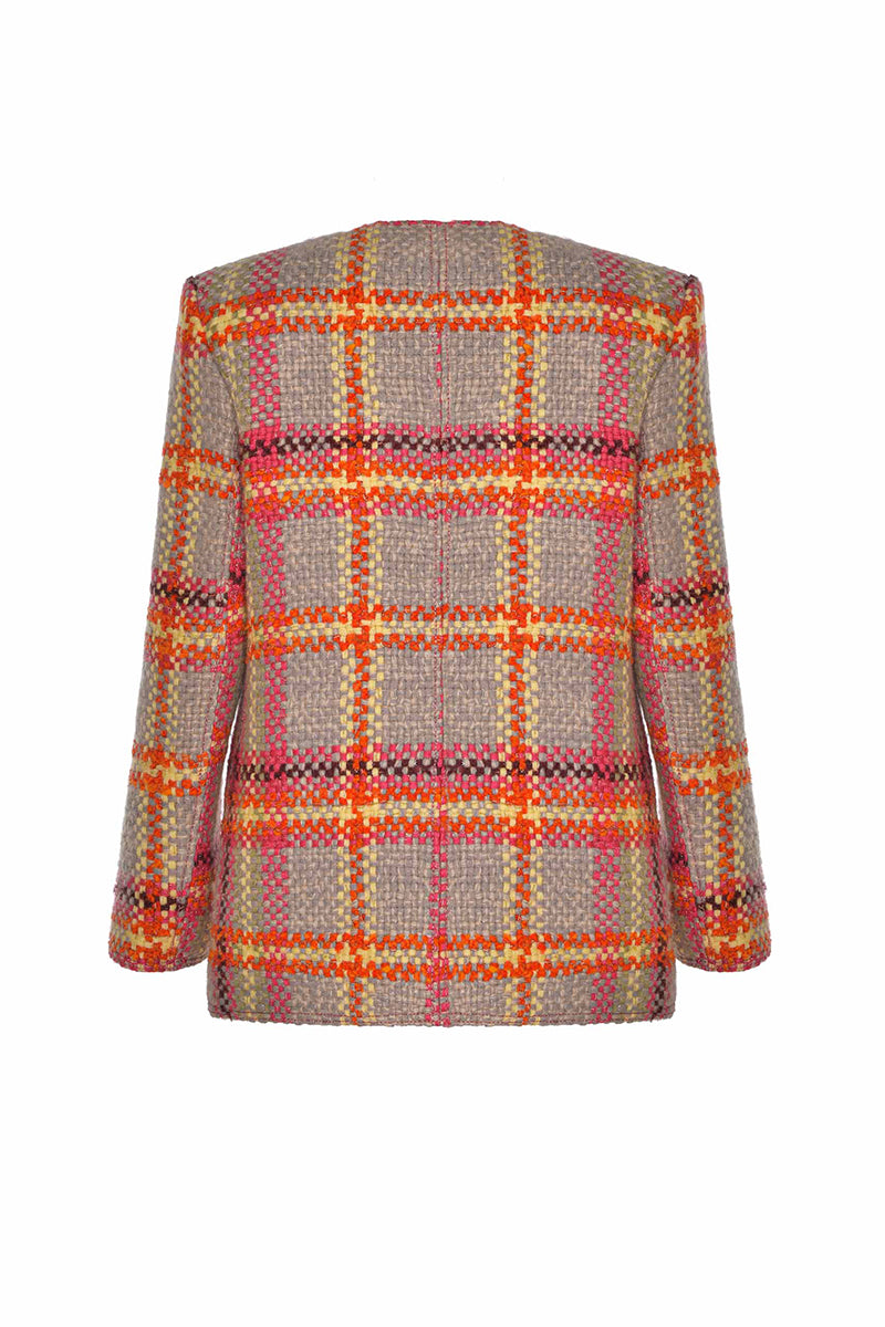 Lalo Mandarin Muse wool jacket featuring a tailored fit, with a vibrant orange color and classic collar, displayed on a hanger.