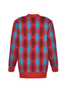 Lalo red and blue checked wool cardigan displayed flat with buttons and collar, showcasing cozy, stylish knitwear.
