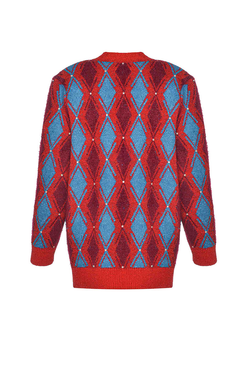 Lalo red and blue checked wool cardigan displayed flat with buttons and collar, showcasing cozy, stylish knitwear.