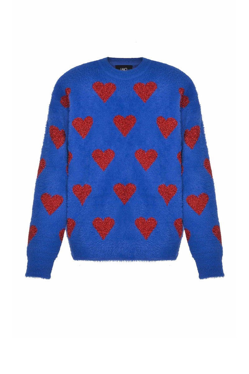 Lalo blue hearts wool cardigan with a cozy knit design, featuring a button-front and long sleeves.