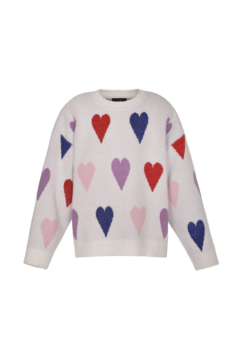 White Hearts wool sweater by Lalo, showcasing a cozy knit sweater with a white heart pattern on the front.