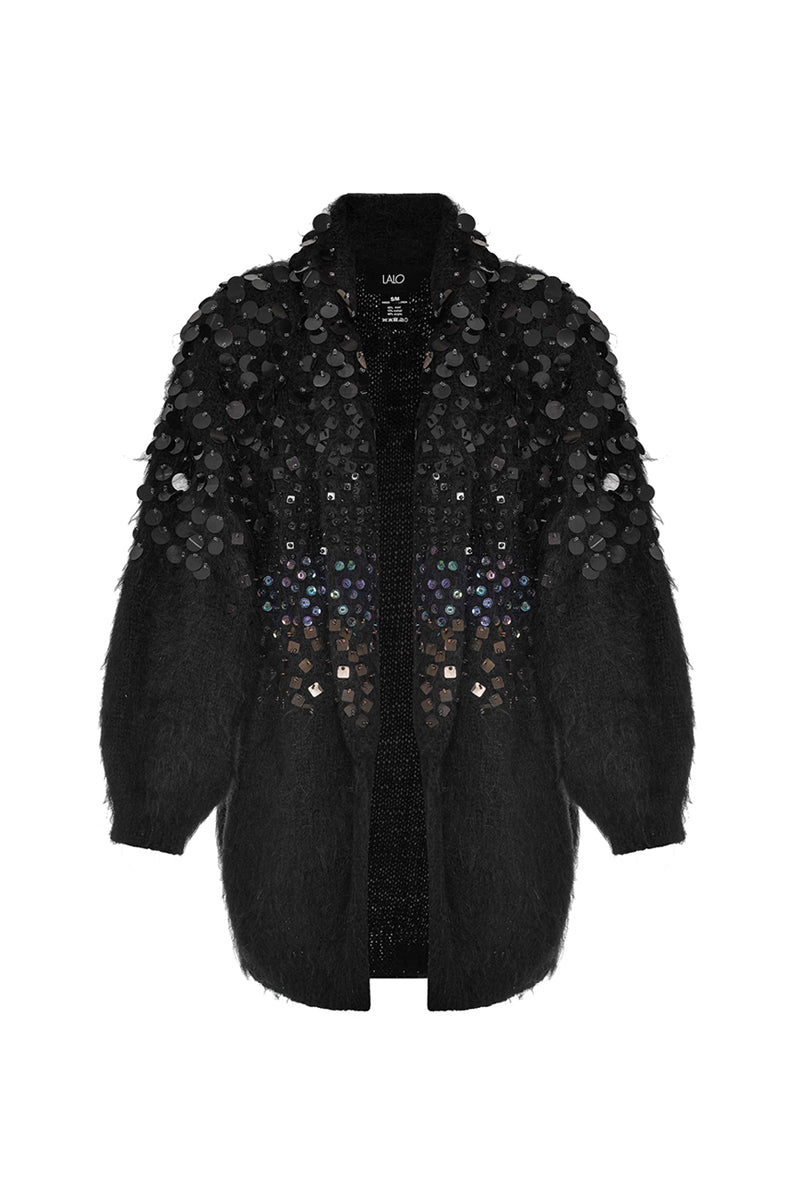 Lalo Midnight Dreams Mohair Cardigan showing a cozy, soft knit with a relaxed fit and classic design in dark, elegant color