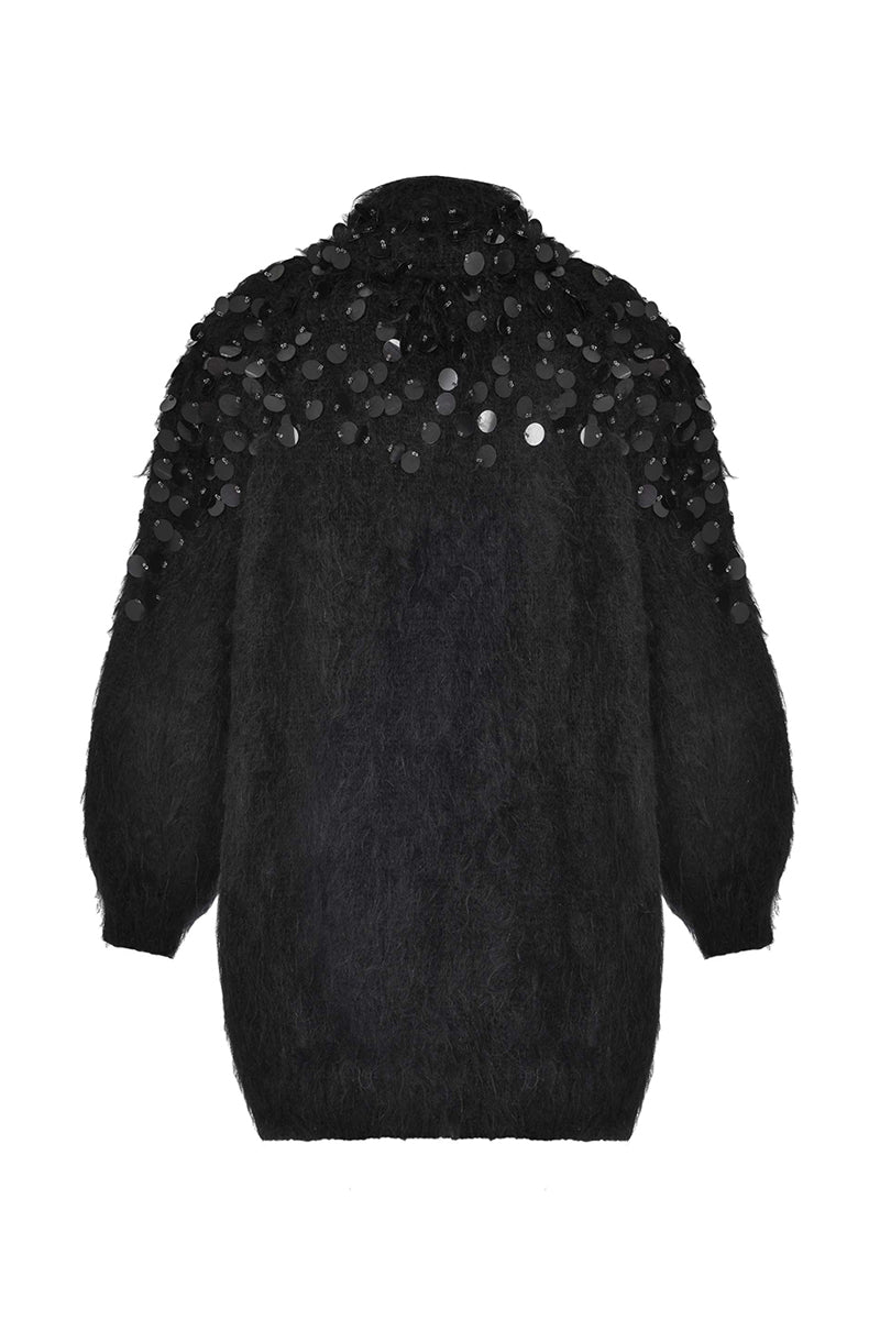 Lalo Midnight Dreams mohair cardigan with soft, luxurious knit texture and fitted style, displayed on a hanger.