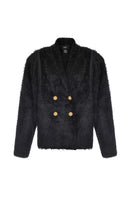 Lalo black and gold wool cardigan with intricate knit pattern, long sleeves, and a cozy, stylish fit.