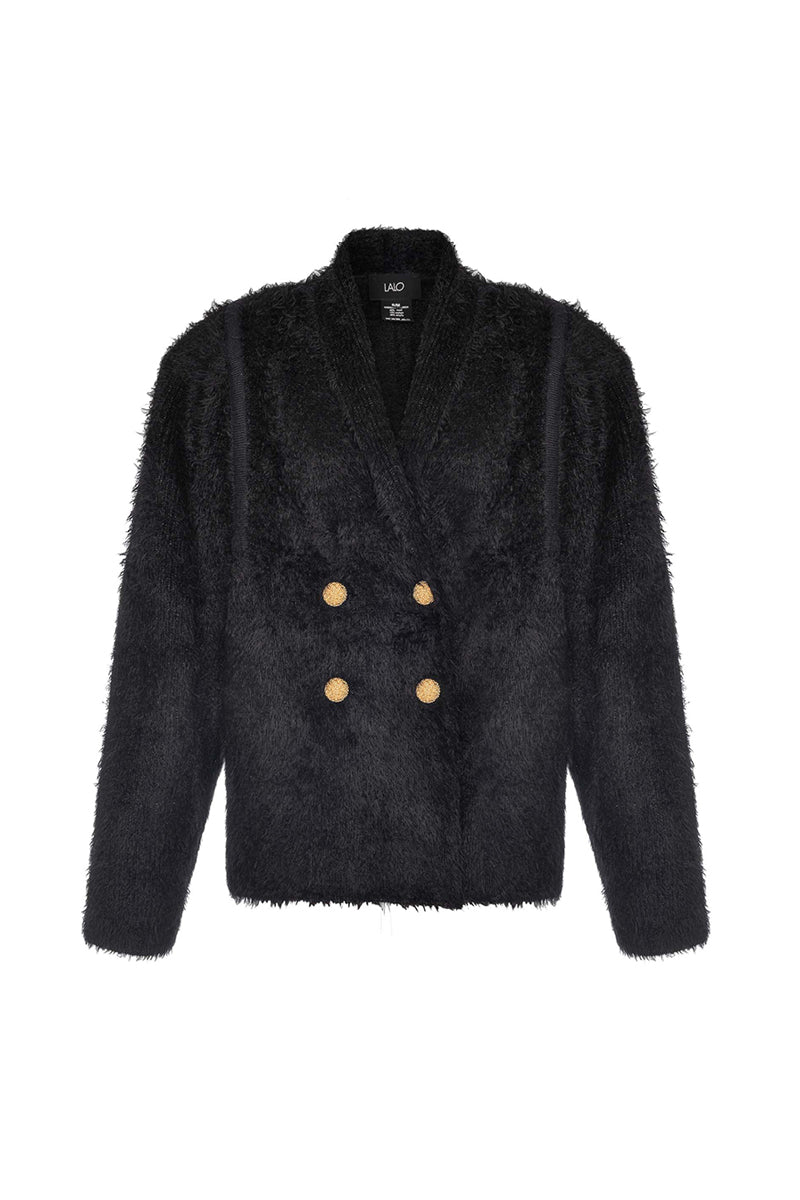 Lalo black and gold wool cardigan with intricate knit pattern, long sleeves, and a cozy, stylish fit.