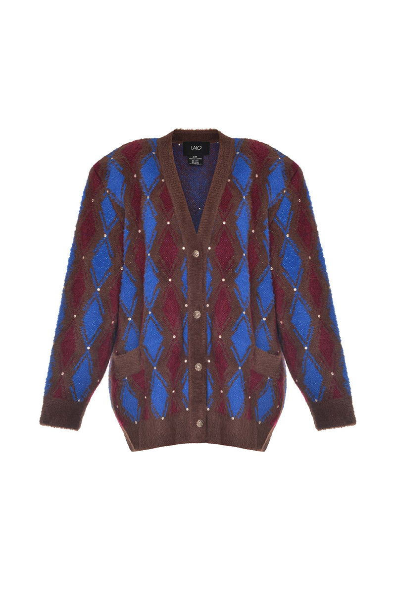 Lalo brown and blue checked wool cardigan with button closure, cozy and stylish for casual wear.