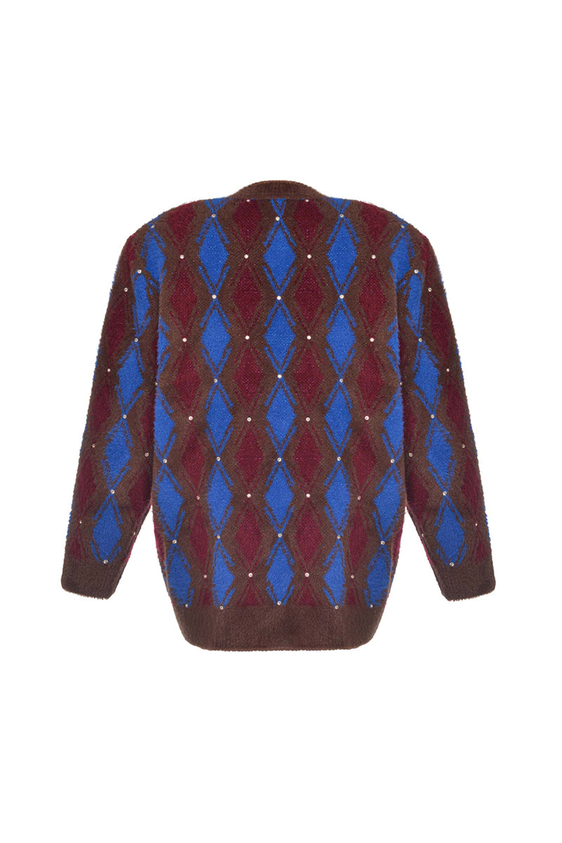 Lalo brown and blue checked wool cardigan with button front, cozy and stylish for casual wear.