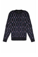 Lalo geometric navy wool sweater featuring a modern pattern, long sleeves, and a cozy fit for stylish winter wear.