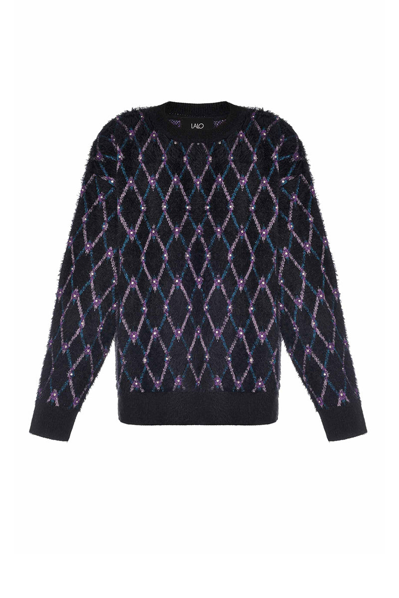 Lalo geometric navy wool sweater featuring a modern pattern, long sleeves, and a cozy fit for stylish winter wear.