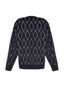 Lalo geometric navy wool sweater displayed on a hanger, featuring a modern pattern and soft, warm knit fabric.