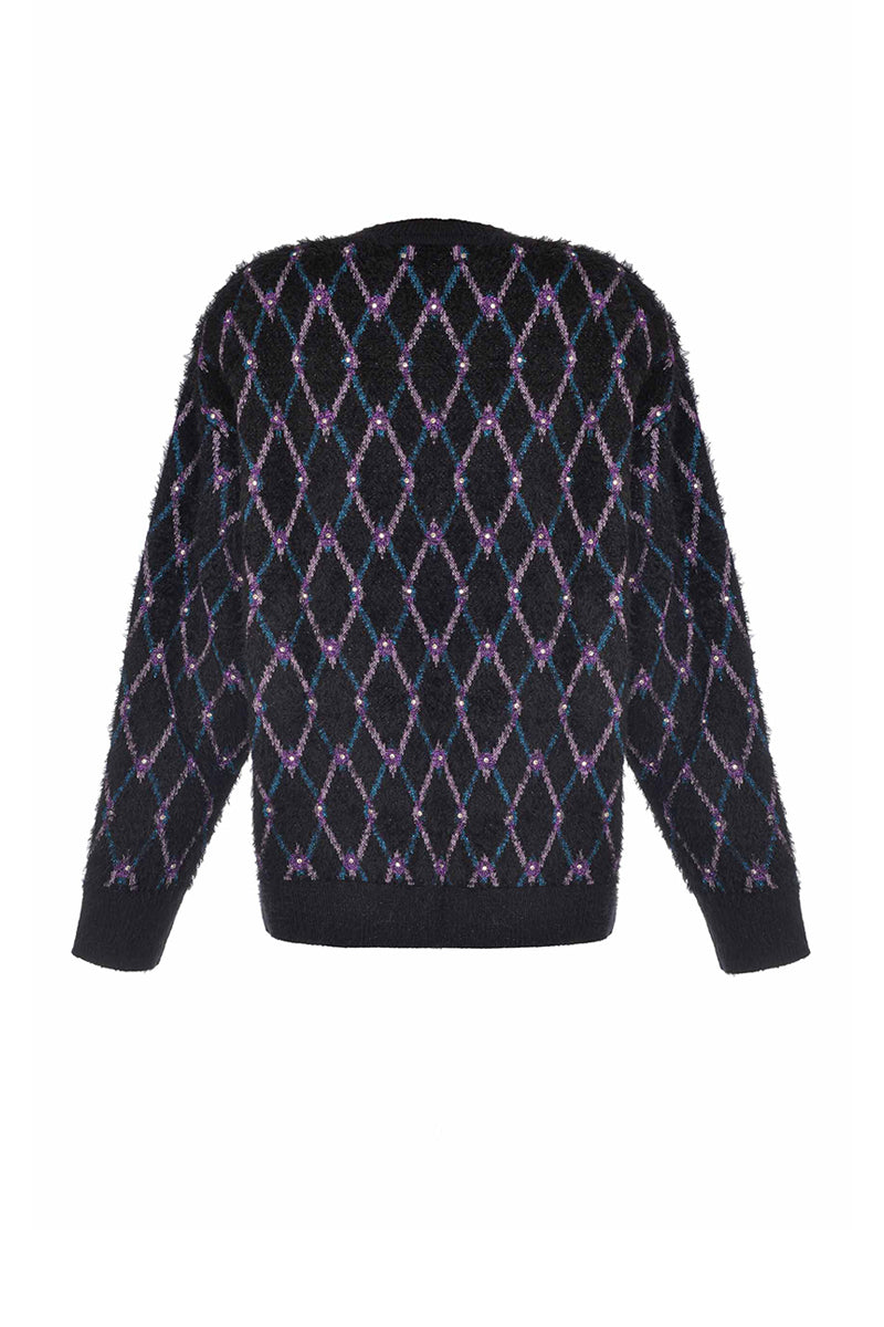 Lalo geometric navy wool sweater displayed on a hanger, featuring a modern pattern and soft, warm knit fabric.