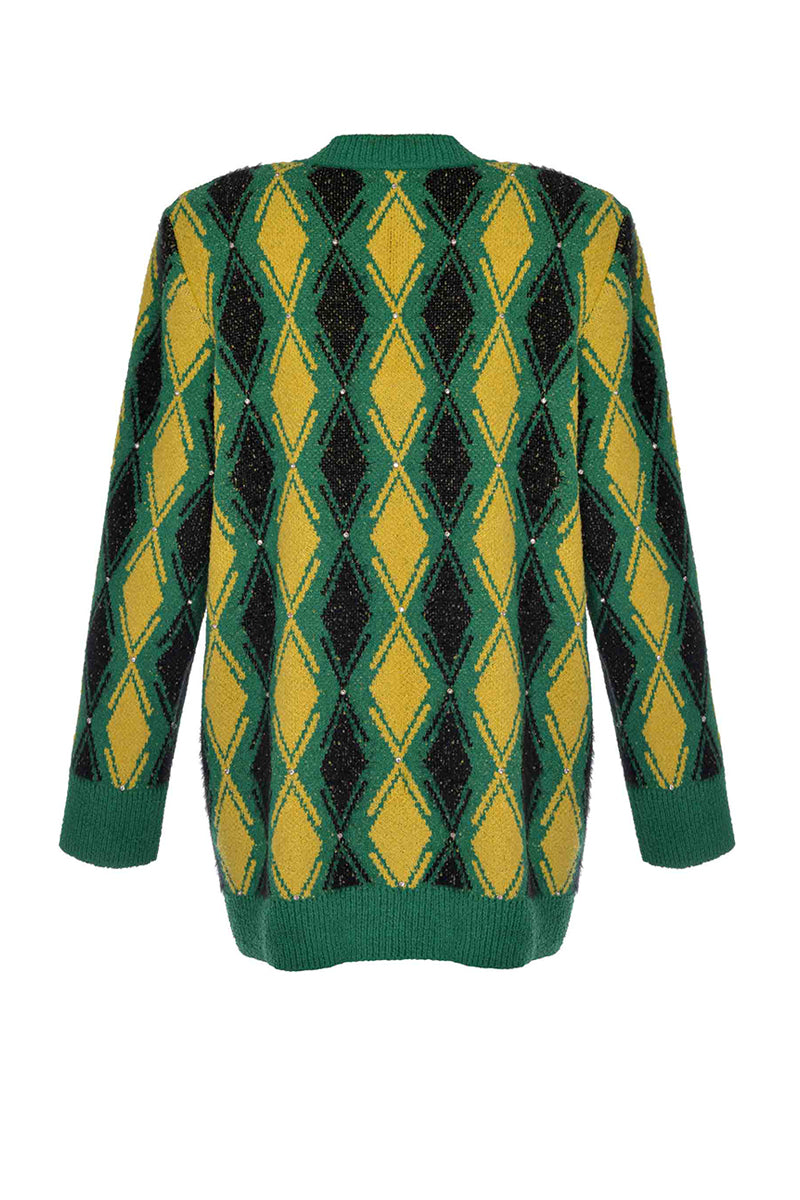 Lalo green and yellow checked wool cardigan with button closure, cozy and stylish, displayed on a hanger.