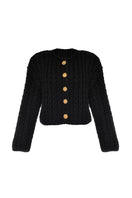 Black cable knit wool cardigan by Lalo, featuring a cozy textured design and button closure, displayed on a neutral background.