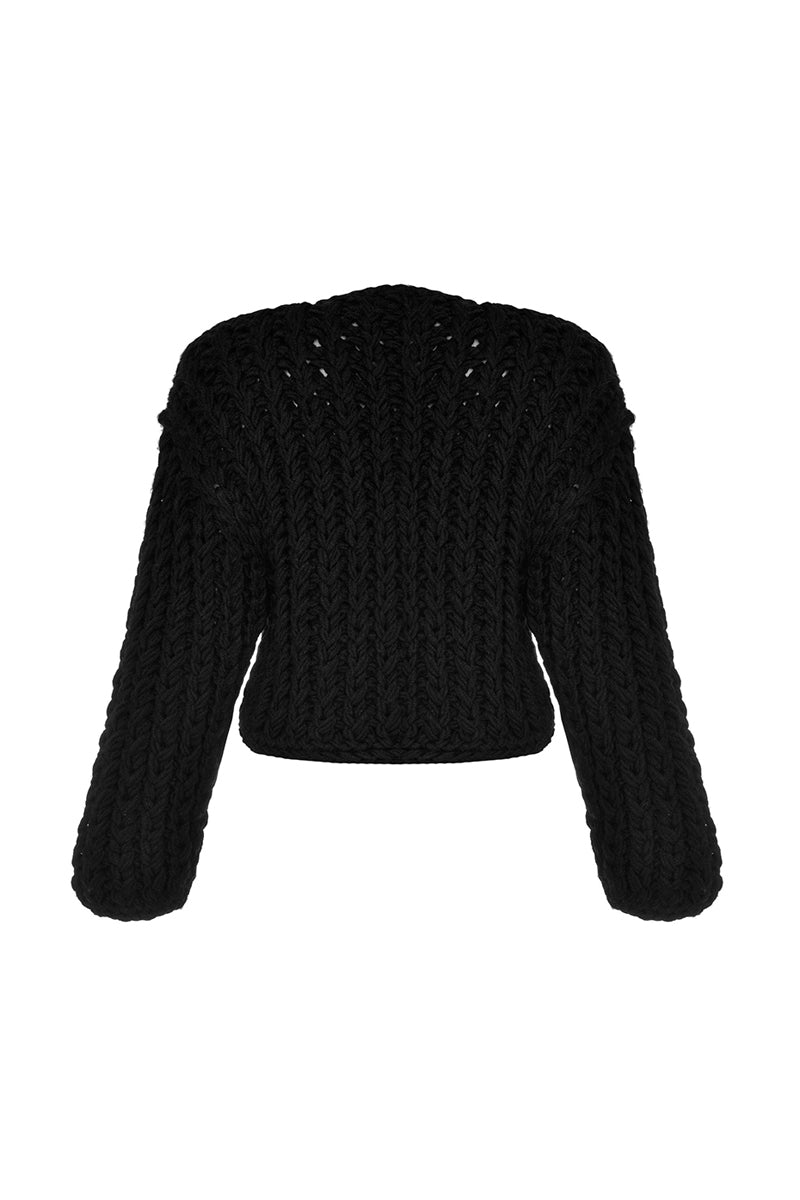 Black cable knit wool cardigan by Lalo, featuring textured knit pattern, long sleeves, and classic cozy design.