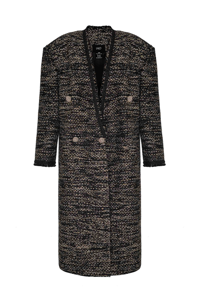 Lalo gold and black wool coat, stylish and warm, featuring a tailored fit with a classic collar and button closure.
