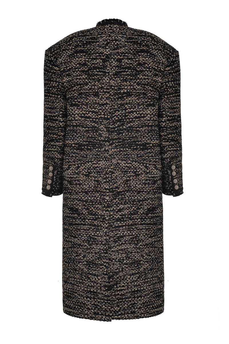 Lalo gold and black wool coat with tailored fit, featuring a classic collar and button closure, displayed on a hanger.