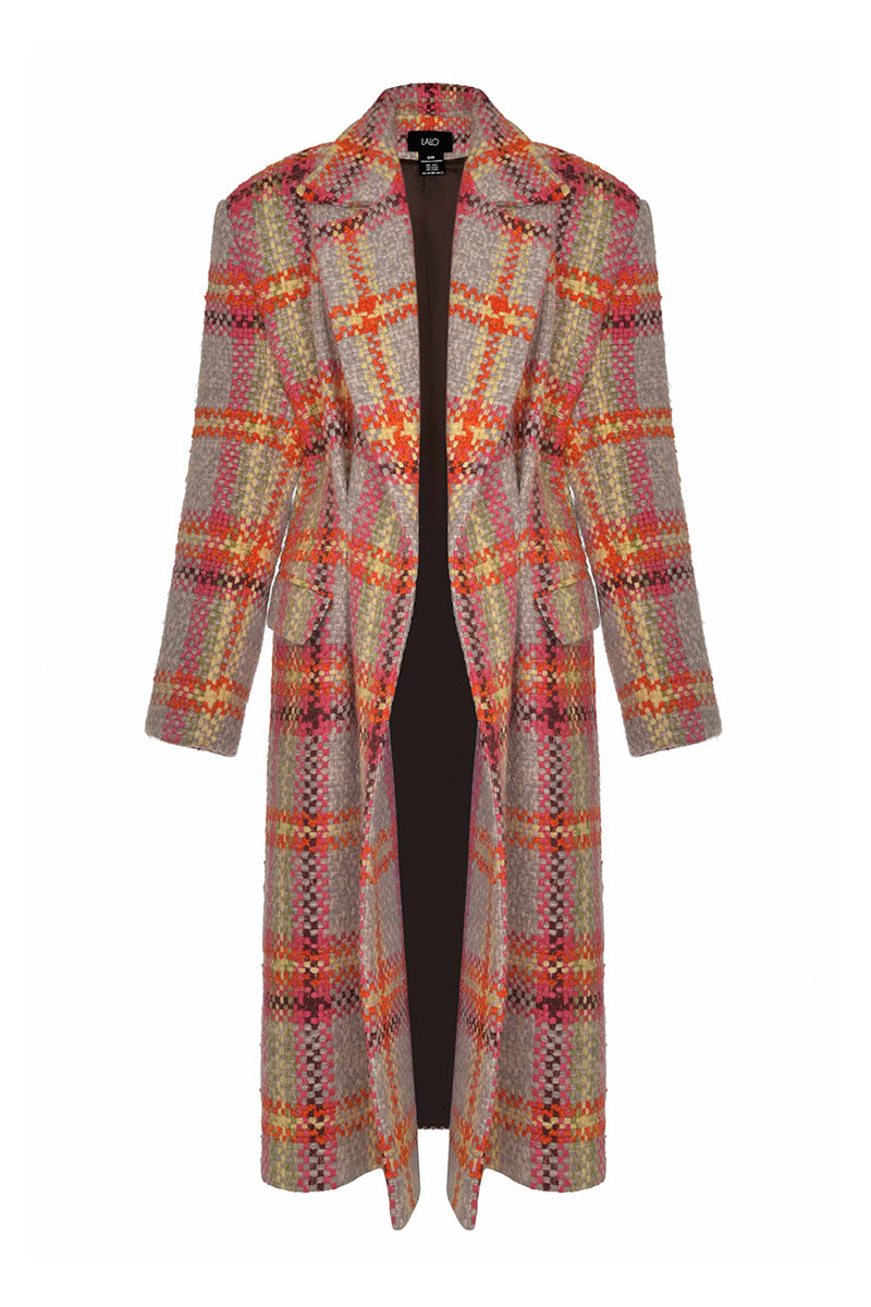 Lalo Mandarin Muse wool coat in neutral color, featuring classic design and tailored fit, shown hanging on a wooden hanger.