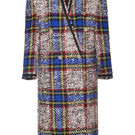 Lalo beige and blue checked wool coat displayed on a hanger, showcasing its classic pattern and tailored design.