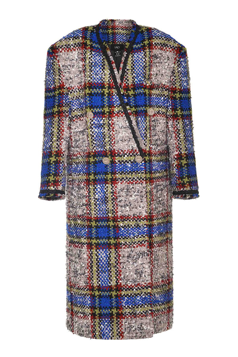 Lalo beige and blue checked wool coat displayed on a hanger, showcasing its classic pattern and tailored design.