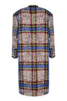 Lalo beige and blue checked wool coat hanging on a hanger with a classic collar and button closure.