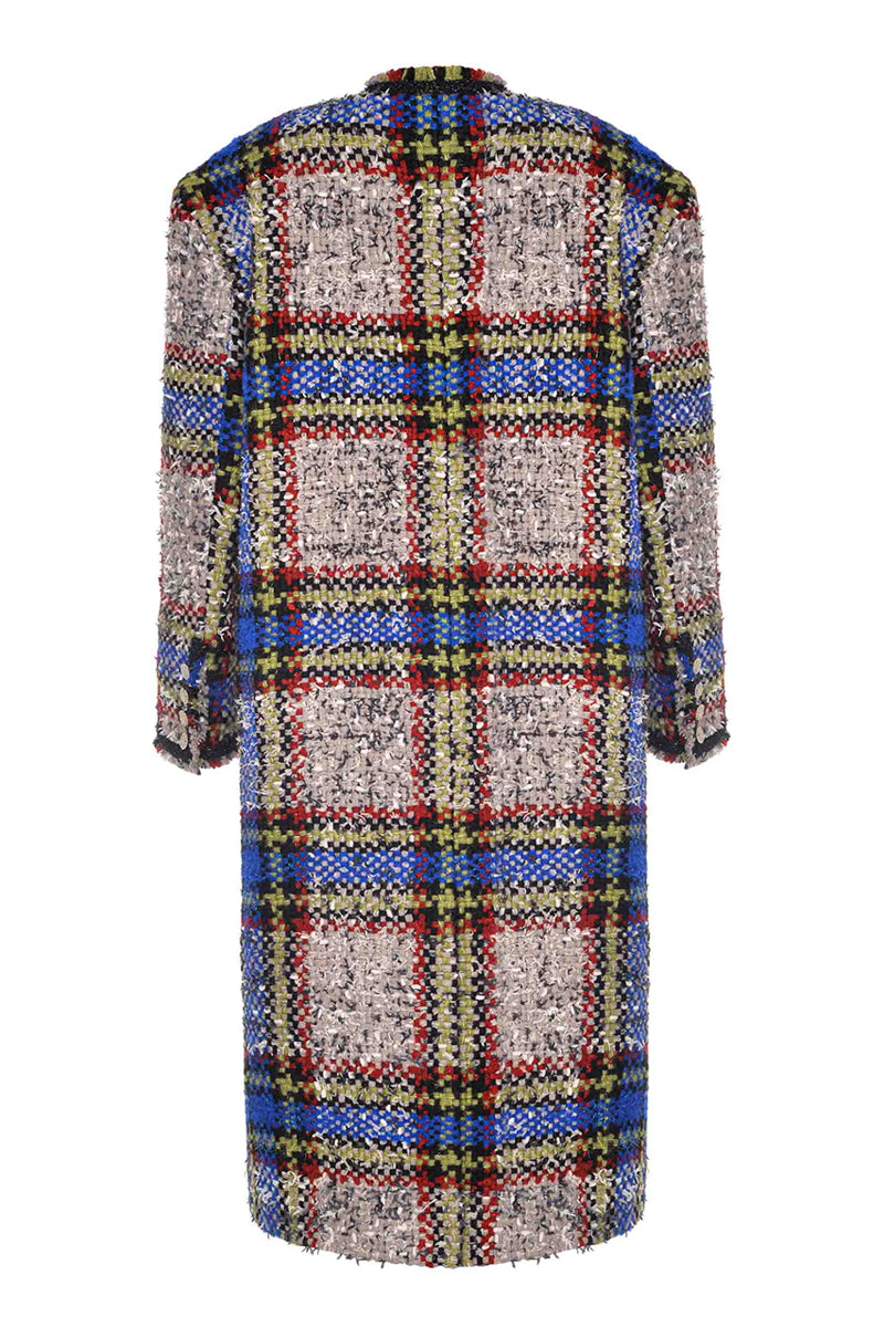Lalo beige and blue checked wool coat hanging on a hanger with a classic collar and button closure.